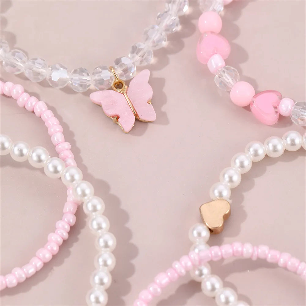 European and American Bracelet Simple Design Sweet Cute Pearl Love Beaded Butterfly Pendant Bracelet 6 Pieces suit