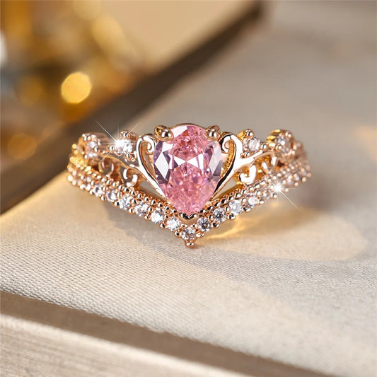 Luxury Female Pink Water Drop GemStone Ring Dainty