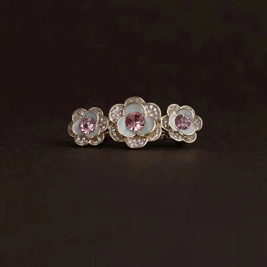 Fairy Crystal Three Flowers Hairpin for Women with Sweet Rhinestone Bangs and Side Spring Clip French Hair Accessories