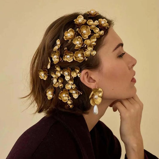 5pcs Elegant Golden Flower Hair Forks Hairstyle Tools French Style Pearl Side Clips Hair Accessories Retro Wave Alloy Barrettes