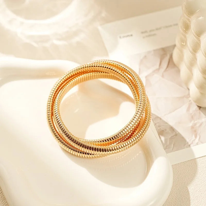 Fashionable Retro Exaggerated Three-layer Wide Edge Elastic Bracelet, Personalized Cool Style Bracelet, Hand Jewelry for Women