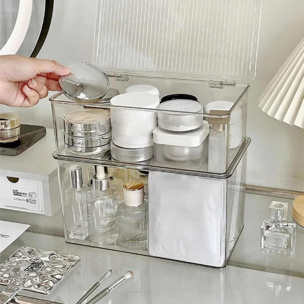 Desktop Storage Box Large Capacity with Lid Cosmetic Organizer Box Transparent Office Supplies Book Document Storage Box
