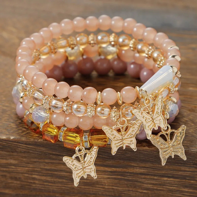 4pcs Trendy Butterfly Beaded Bracelet Set for Women Pink Acrylic Beads Elastic Chain Bangle Female Bohemian Party Jewelry Gift