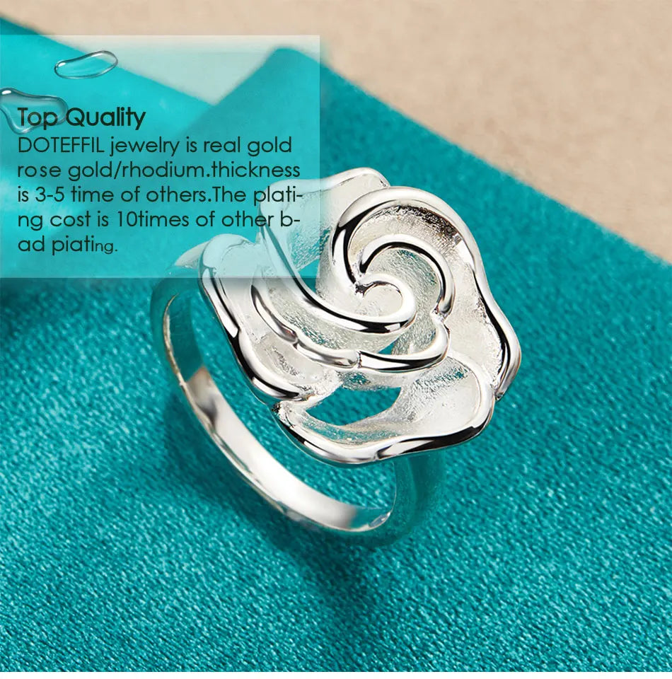 925 Sterling Silver Rose Flower Blossoms Ring For Woman Fashion Wedding Engagement Party Gift Charm Jewelry