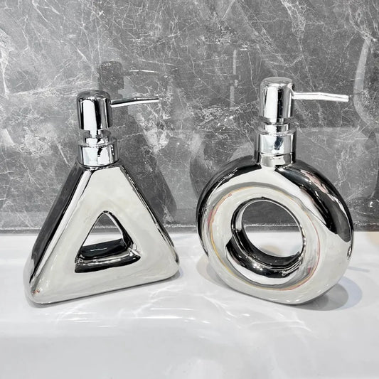 Silver Ceramic Soap Dispenser Abstract Hollow Round Triangle Soap Dispenser Shampoo Moisture Bottling Bathroom Accessories