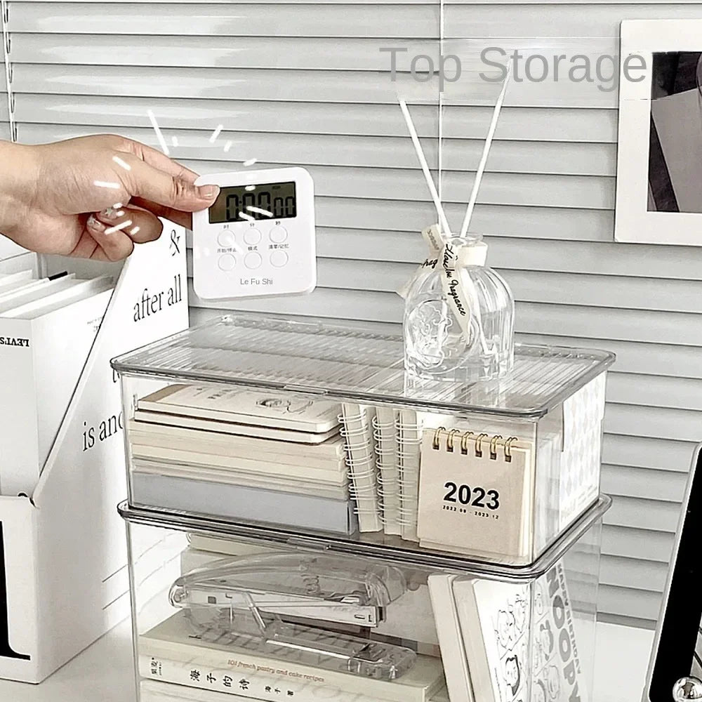Desktop Storage Box Large Capacity with Lid Cosmetic Organizer Box Transparent Office Supplies Book Document Storage Box