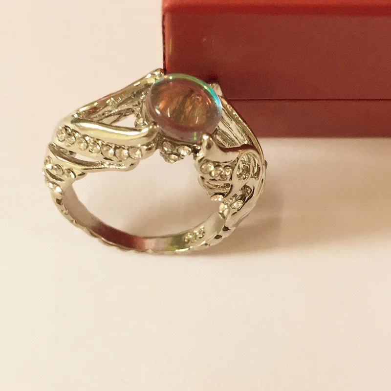 Creative Hollow-out White Swan Colorful Imitation Moonstone Ring Women's Fashion Fashion Jewelry