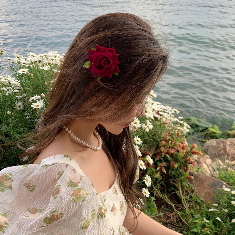 U Shaped Red Hairpins Hair Clips Wedding Hair Accessories For Women Rose Flower Headpieces Forks Bride Headdress Hair Jewelry