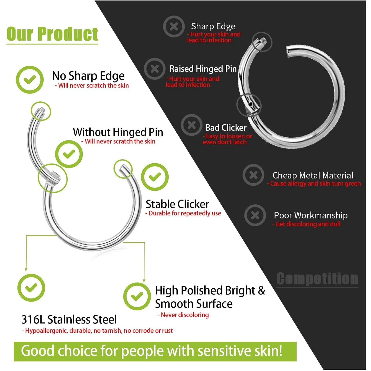 Opal Hinged Nose Ring Hoop Women Septum Hoop Ring Tragus Rook Ring Piercing Jewelry Lip Labret Ring Clicker Cartilage Earrings