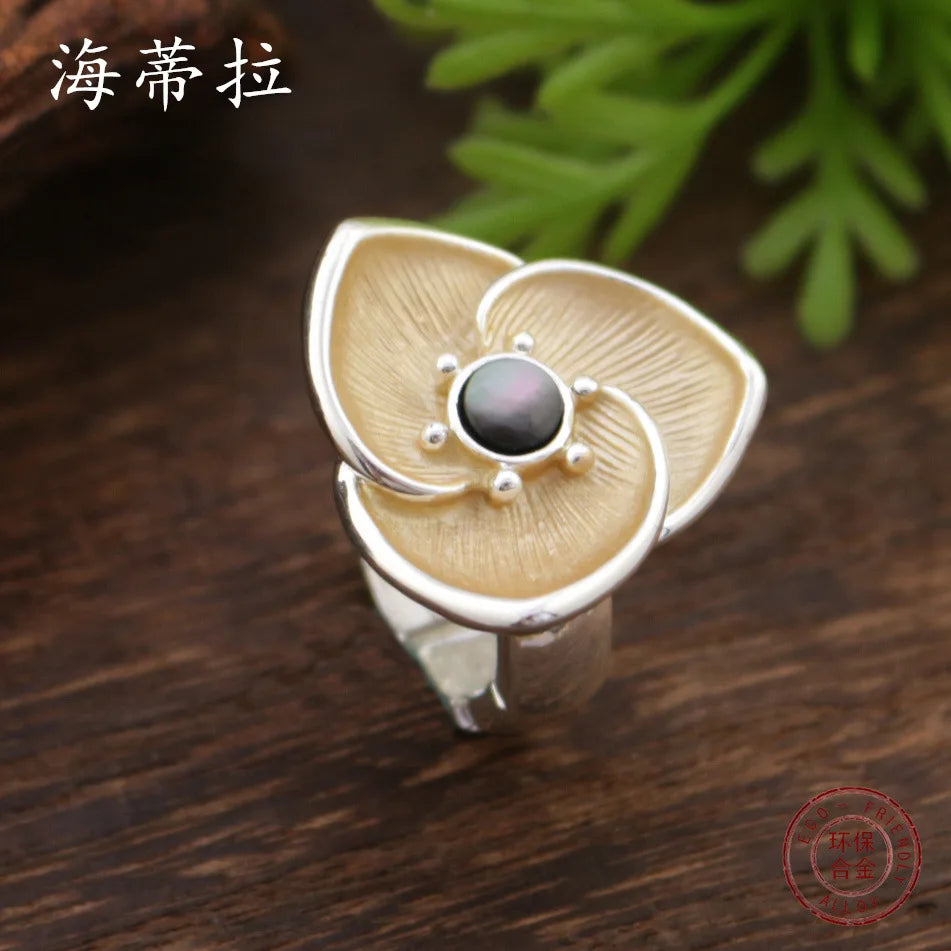 new color painting oil fritillary inlaid flower elastic ring, simple and high-end women's petal ring