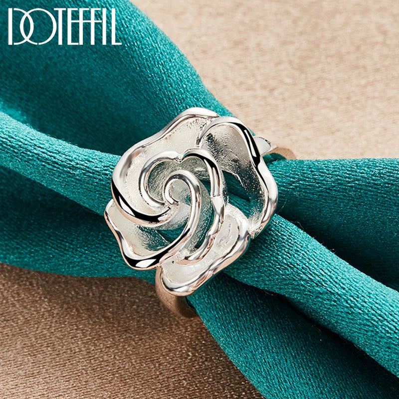 925 Sterling Silver Rose Flower Blossoms Ring For Woman Fashion Wedding Engagement Party Gift Charm Jewelry