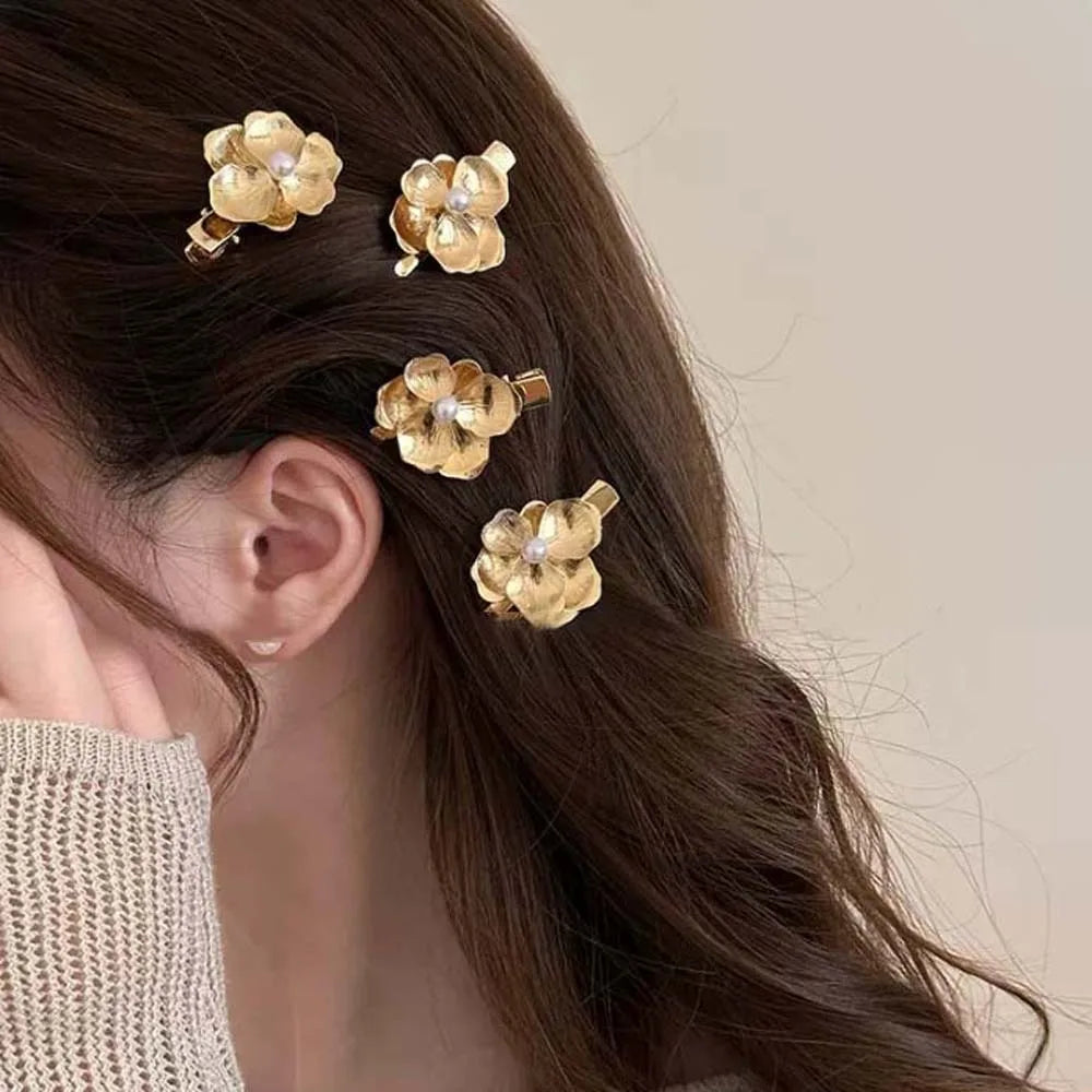 5pcs Elegant Golden Flower Hair Forks Hairstyle Tools French Style Pearl Side Clips Hair Accessories Retro Wave Alloy Barrettes