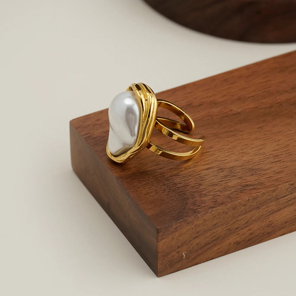 ENFASHION Anillos Mujer Irregular Shape Pearl Open Ring For Women Stainless steel 18K Plated Gold Fashion Jewelry Dating R254507