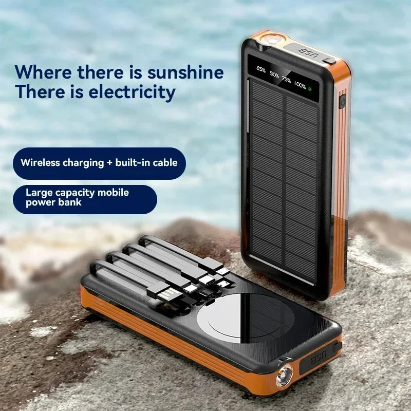 ONEPLUS 50000mAh Solar Power Bank Wireless Fast Charging Battery Large Capacity Mobile Power Dual USB 4 Cables For iPhone Samsun