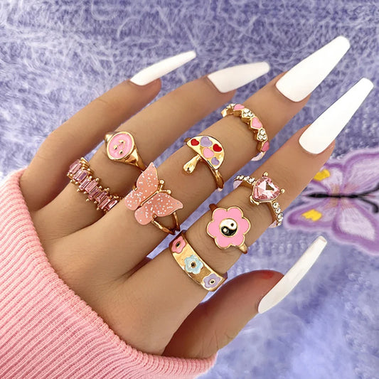 Pink Enamel Butterfly Ring Gold Finished Set For Women Crystal Enamel