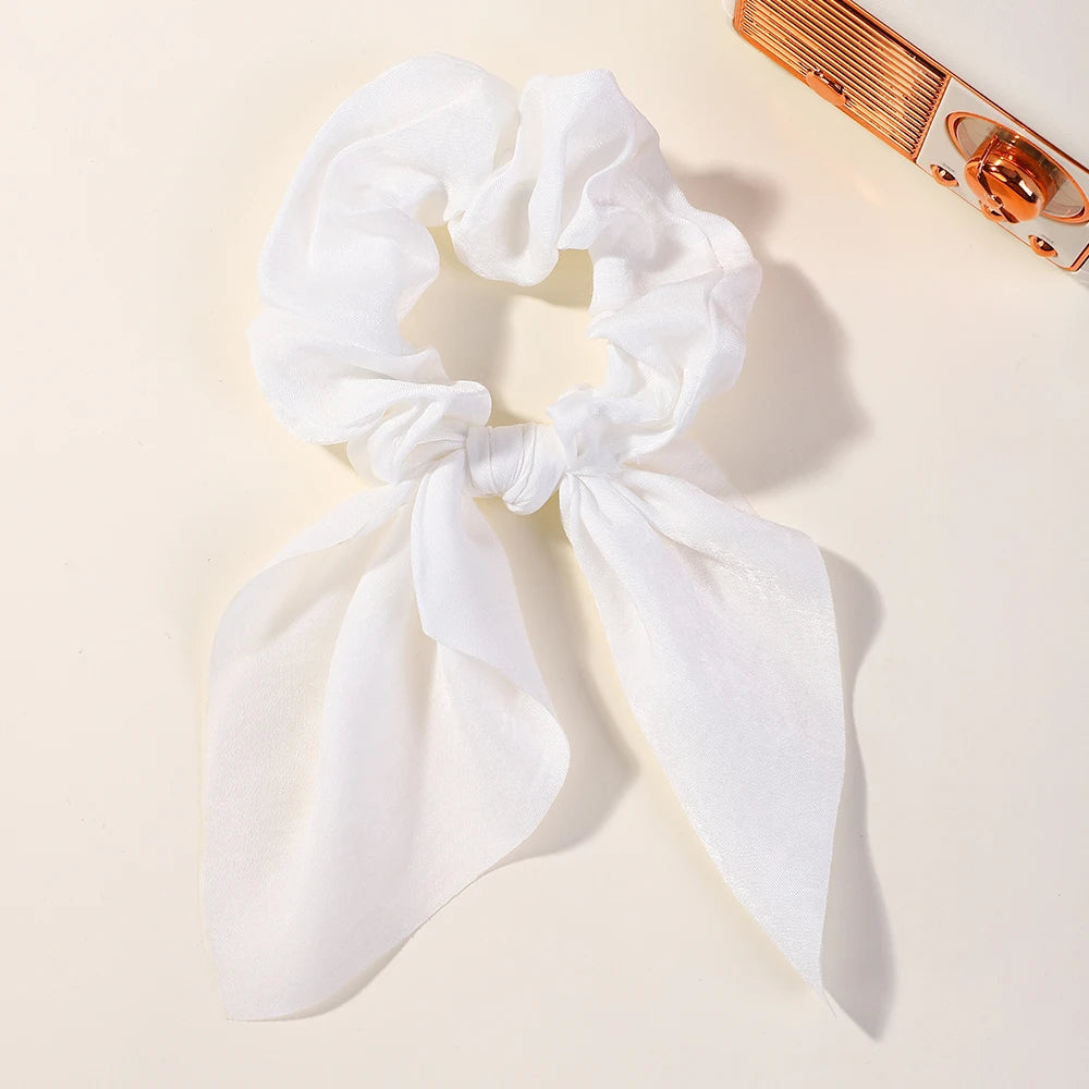 Fashion Vintage Solid Chiffon Velvet Bow Hair Ribbon Scrunchie for Women Girls Long Elastic Hair Tie Headwear Hair Accessories