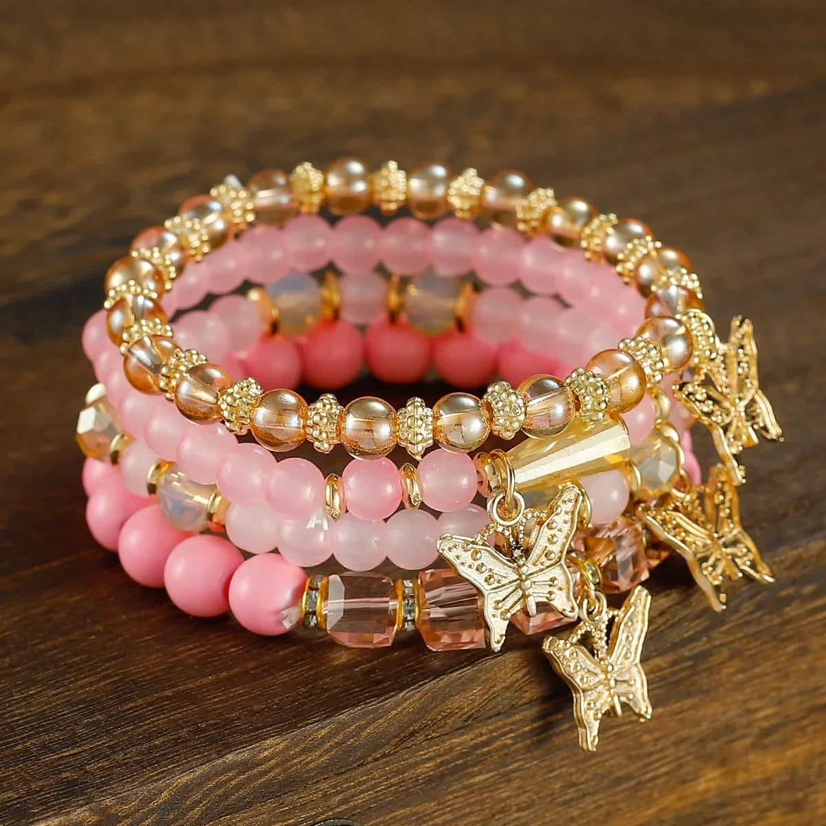 4pcs Trendy Butterfly Beaded Bracelet Set for Women Pink Acrylic Beads Elastic Chain Bangle Female Bohemian Party Jewelry Gift