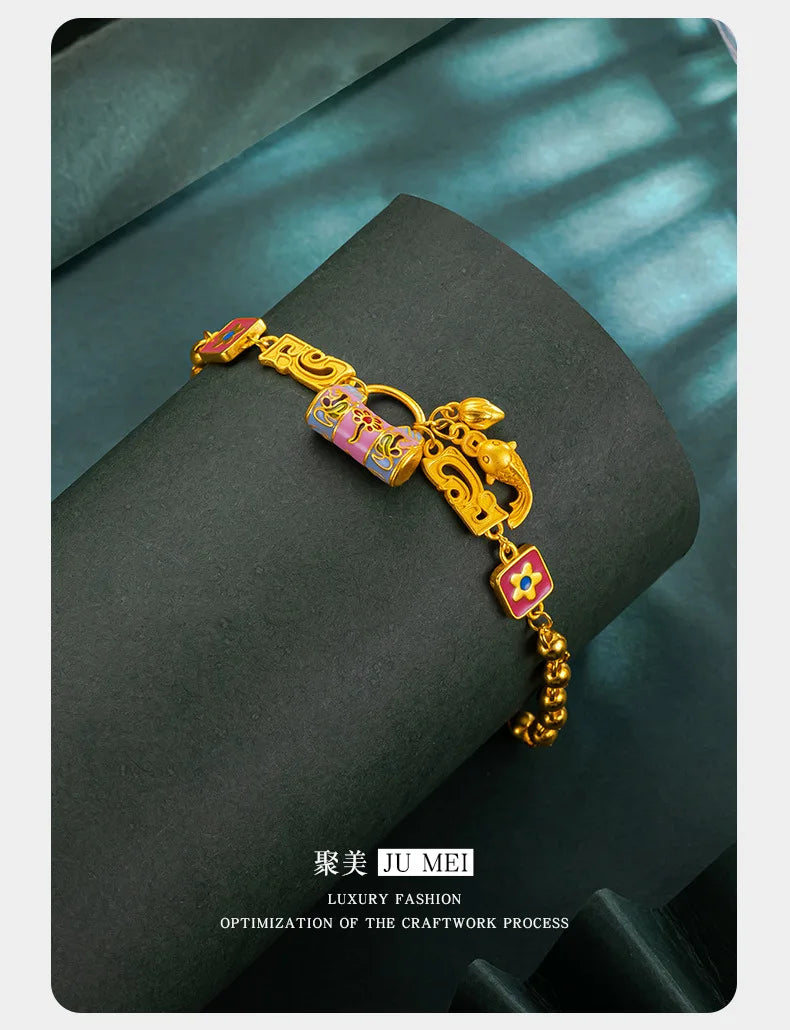 24K AU999 Gold 'Blossom Lock & Koi' Bracelet for Women - Floral Lock with Leaping Koi, High-Purity Gold, Lucky & Elegant