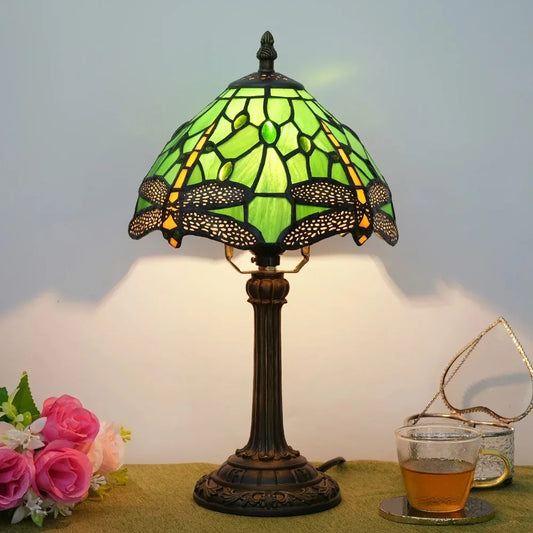 Stained Glass Table Lamp, Antique Green Tiffany Style Reading Light for Bedroom, Living Room and Office Decor Lampara Salon