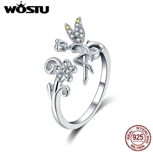 WOSTU 2019 New Design 925 Sterling Silver Flower Fairy Elf Ring Finger Adjustable Size Wedding Rings For Women Jewelry CTR025