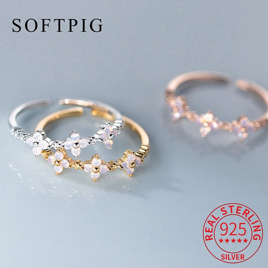 Real Silver and Gold Filled Adjustable Opal Flower Ring