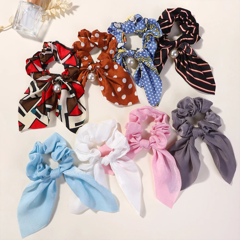 Fashion Vintage Solid Chiffon Velvet Bow Hair Ribbon Scrunchie for Women Girls Long Elastic Hair Tie Headwear Hair Accessories