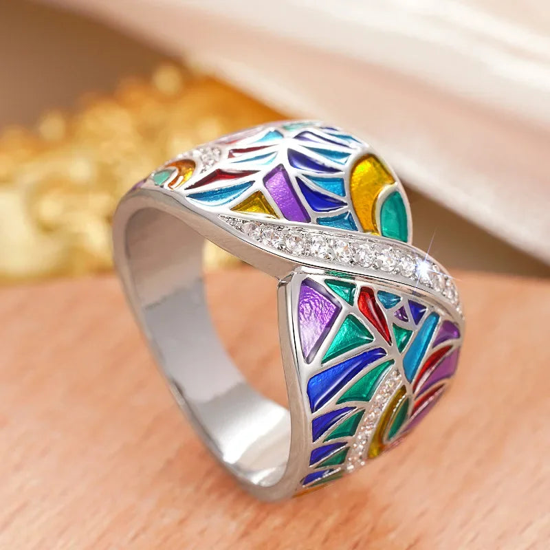 Colorful Handmade Enamel Style Silver Ring Fashion