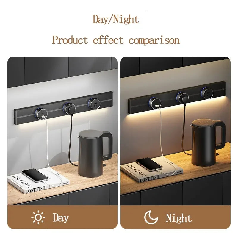 EU US Universal Home Room Movable Power Rail Sliding Track Socket With LED Human Body Induction Light Desktop Mobile Socket