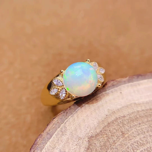 Luxury Australian Opal Ring 9mm 2ct Natural Opal 925 Silver Ring with 18K Gold Filled