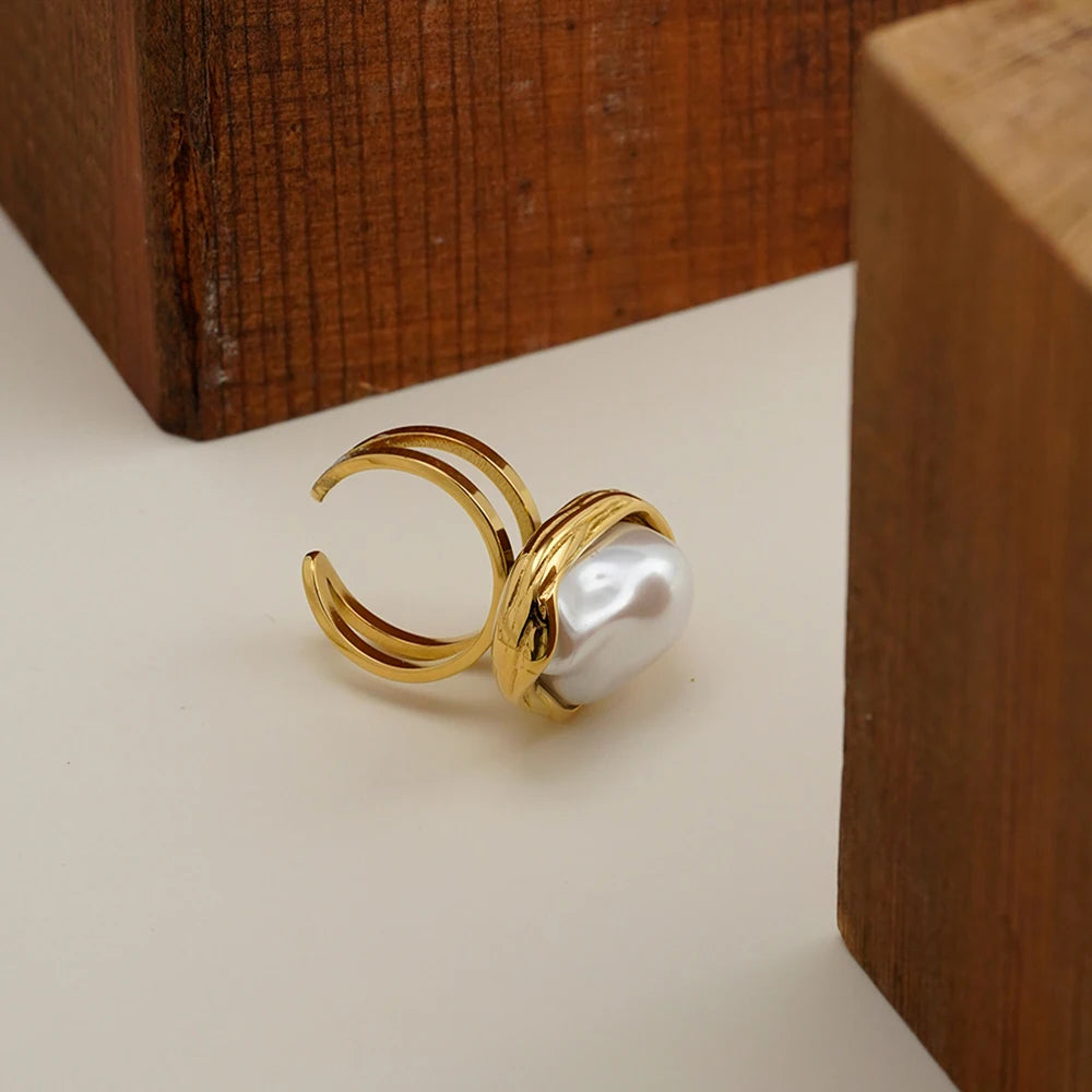 ENFASHION Anillos Mujer Irregular Shape Pearl Open Ring For Women Stainless steel 18K Plated Gold Fashion Jewelry Dating R254507