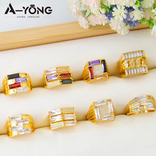 Dubai Fashion Zirconia Rings 21k Gold Plated Arabic Muslim Punk Hip Hop Ring Moroccan Women Bridal Wedding Party Jewelry