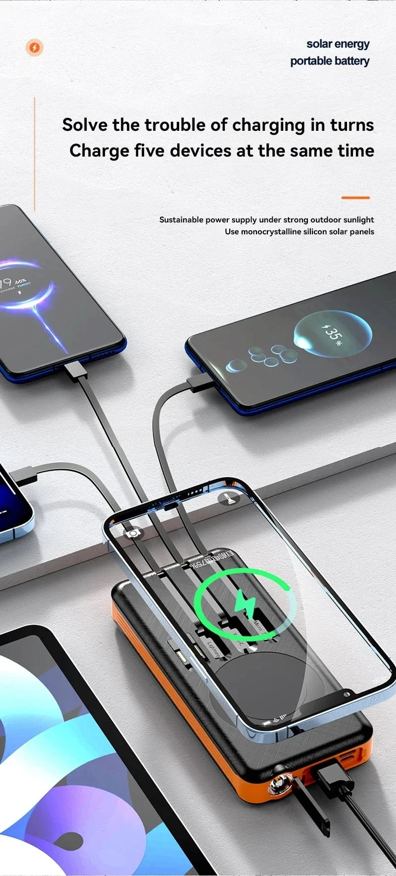 ONEPLUS 50000mAh Solar Power Bank Wireless Fast Charging Battery Large Capacity Mobile Power Dual USB 4 Cables For iPhone Samsun