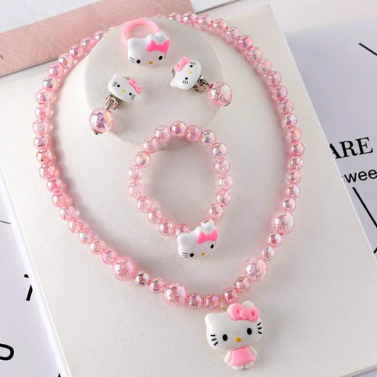 4pcs/set Cartoon Kawaii Hello Kitty Necklace and Hairclips.