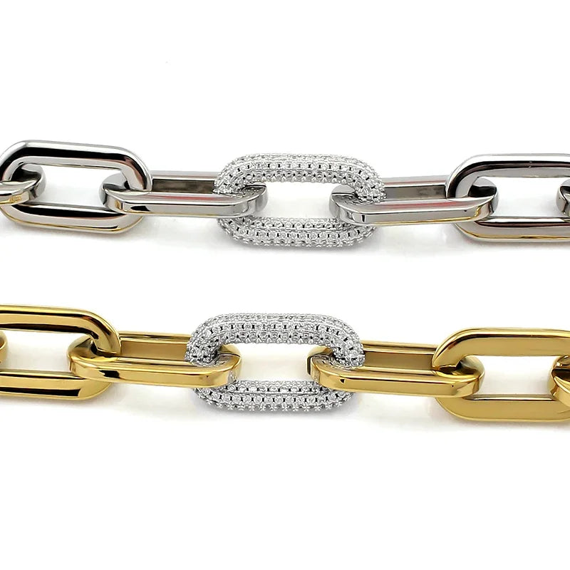 Fashion Women Big Chunky Bracelets Chains with Blink Rhinestones Link Gold Silver Color Surgical Stainless Steel Bracelets