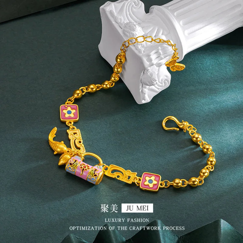 24K AU999 Gold 'Blossom Lock & Koi' Bracelet for Women - Floral Lock with Leaping Koi, High-Purity Gold, Lucky & Elegant