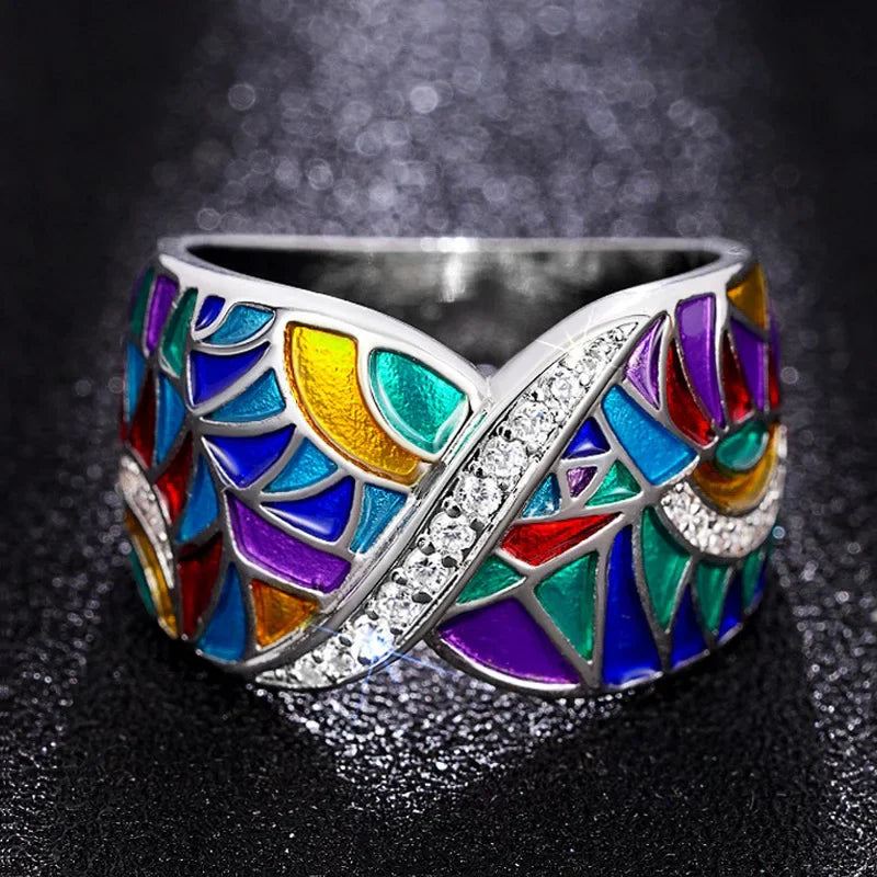 Colorful Handmade Enamel Style Silver Ring Fashion