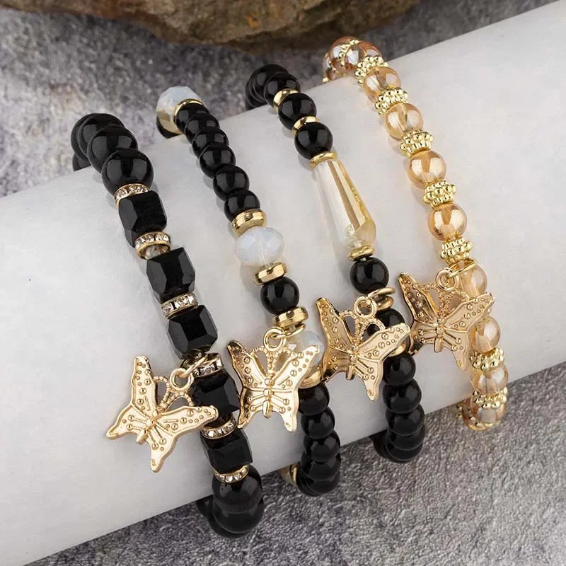 4pcs Trendy Butterfly Beaded Bracelet Set for Women Pink Acrylic Beads Elastic Chain Bangle Female Bohemian Party Jewelry Gift