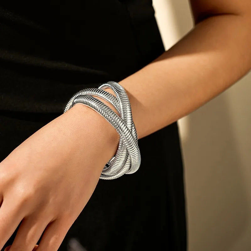 Fashionable Retro Exaggerated Three-layer Wide Edge Elastic Bracelet, Personalized Cool Style Bracelet, Hand Jewelry for Women