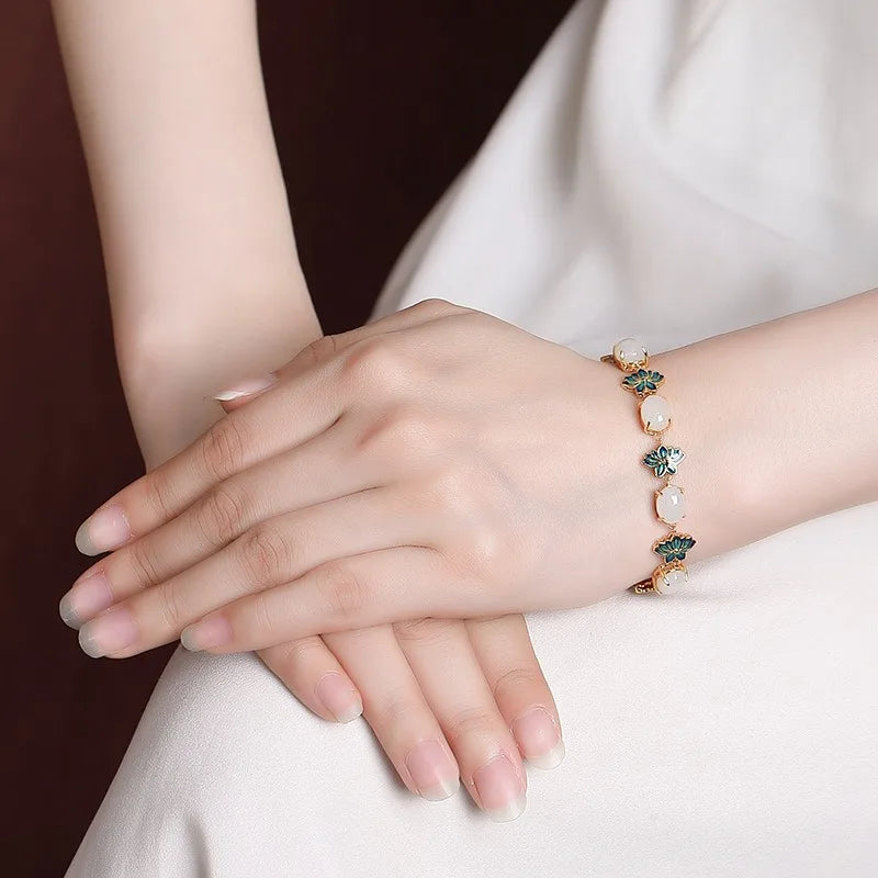 Natural Hotan Jade Charms Enamel Lotus Flower Bracelet for Women New in Chinese Vintage Ancient Gold Craft Bangles Jewelry