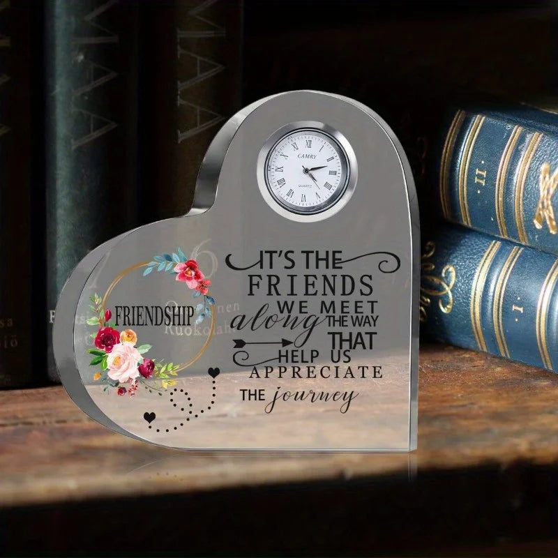 Female Friendship Gifts: Crystal Heart Glass (Clock) + Friend Plaque—Unique Birthday Presents.