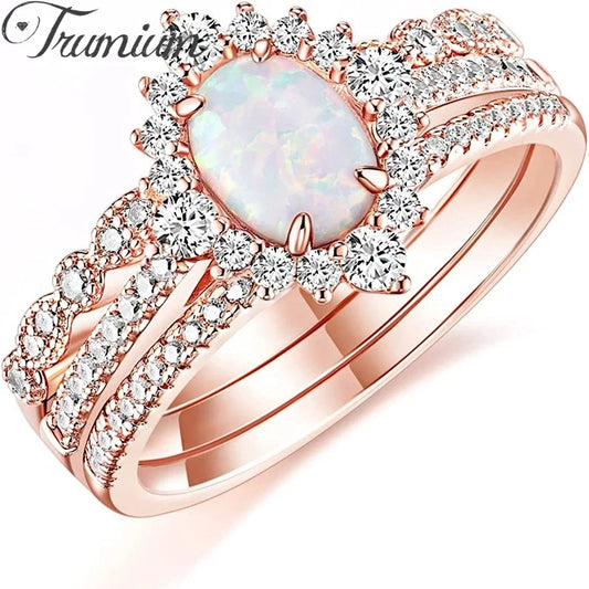Trumium 3Pcs Rose Gold Color Stackable Rings 1.5CT Oval Bridal Ring Sets Opal Knuckle Ring  Engagement CZ Wedding Band for Women