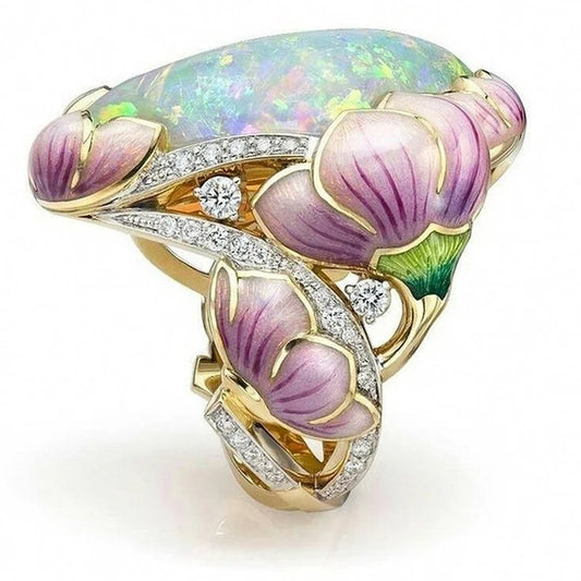 Delicate Fashion Gold Color Floral Ring Lavender Fuchsia Lotus Enamel Oval Cut Fire Stone Bridal Engagement Rings for Women (Free Shipping!) 💝🌹💖