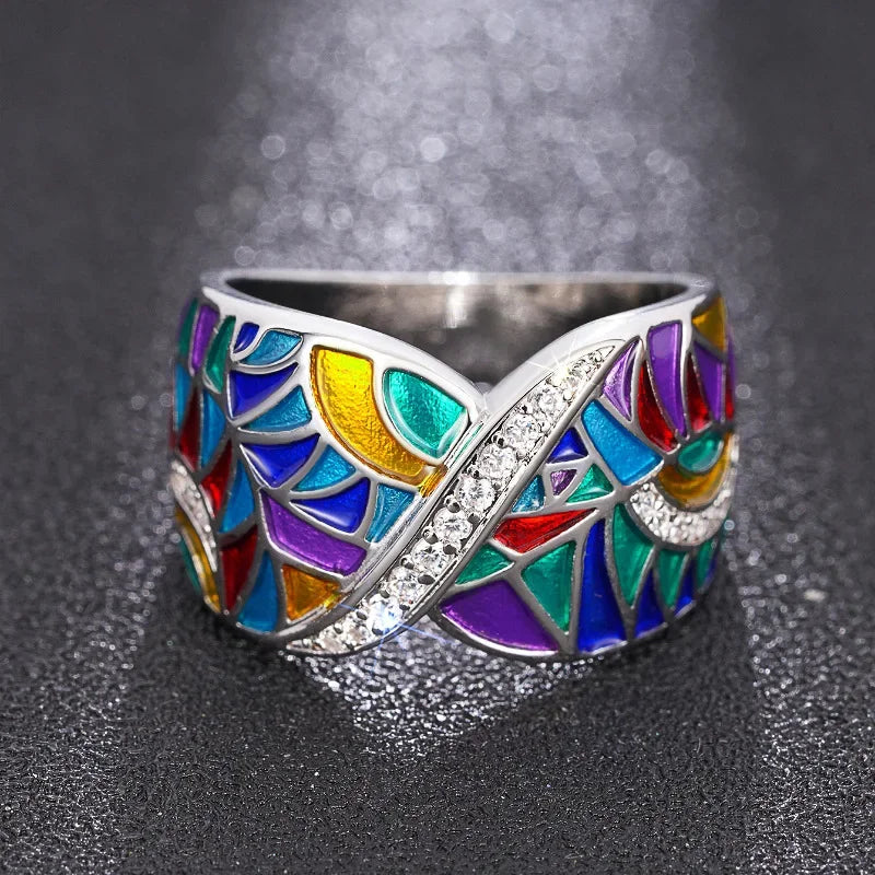 Colorful Handmade Enamel Style Silver Ring Fashion