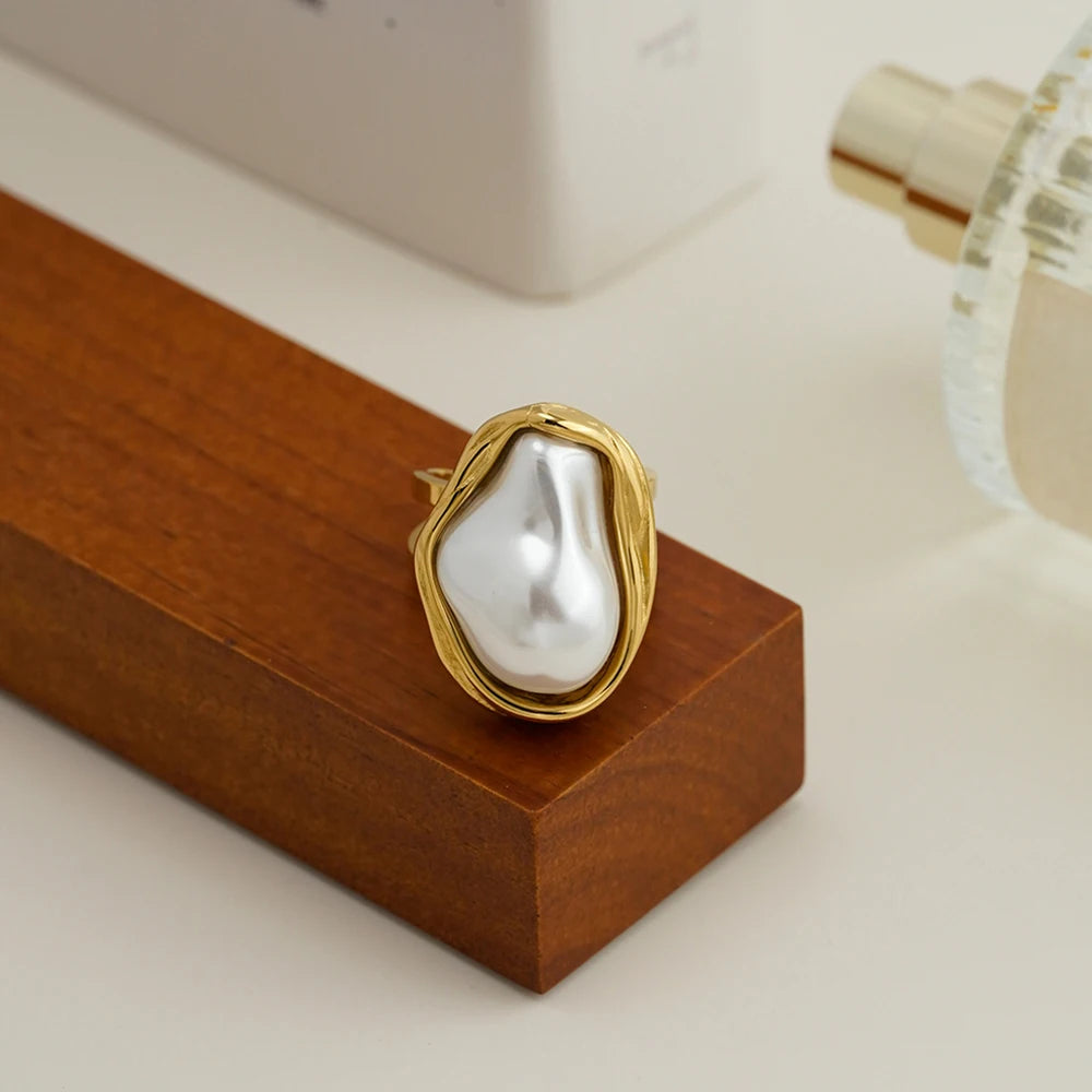 ENFASHION Anillos Mujer Irregular Shape Pearl Open Ring For Women Stainless steel 18K Plated Gold Fashion Jewelry Dating R254507