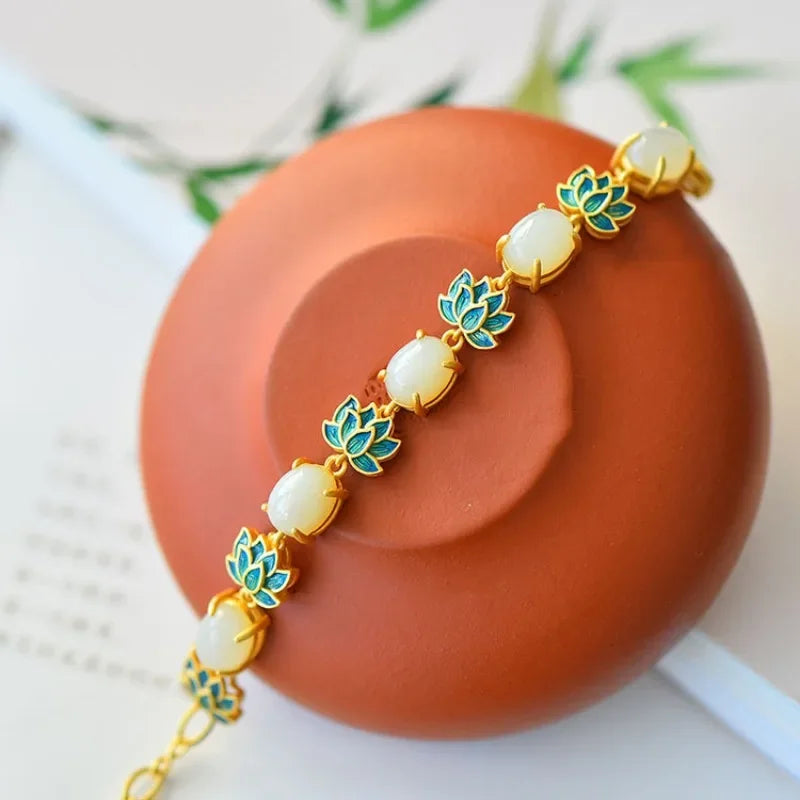 Natural Hotan Jade Charms Enamel Lotus Flower Bracelet for Women New in Chinese Vintage Ancient Gold Craft Bangles Jewelry