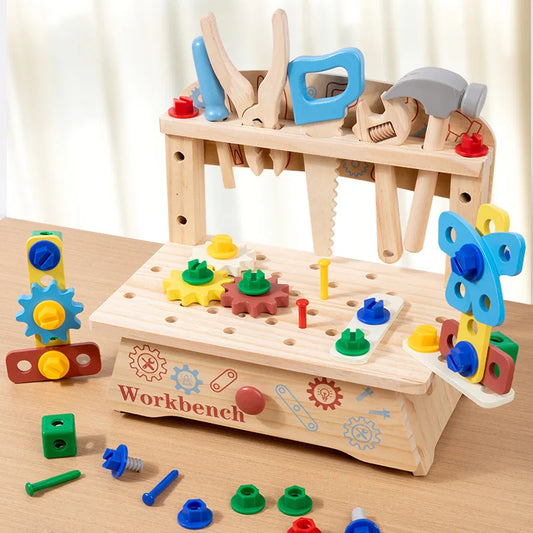 Tool Bench for Kids Toy Play Workbench Wooden Tool Bench Workshop Workbench with Tools Set Wooden Construction Bench Toy for Boy
