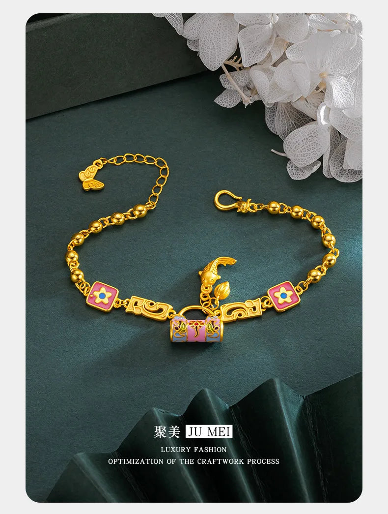 24K AU999 Gold 'Blossom Lock & Koi' Bracelet for Women - Floral Lock with Leaping Koi, High-Purity Gold, Lucky & Elegant