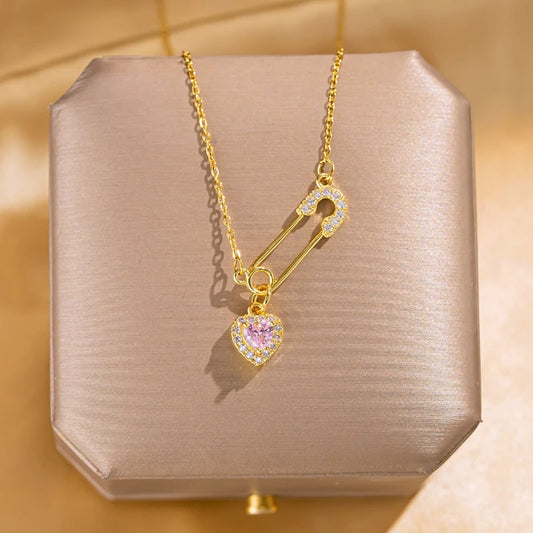 1 Pcs niche design pin love copper pendant with stainless steel chain combination of light luxury style jewelry items