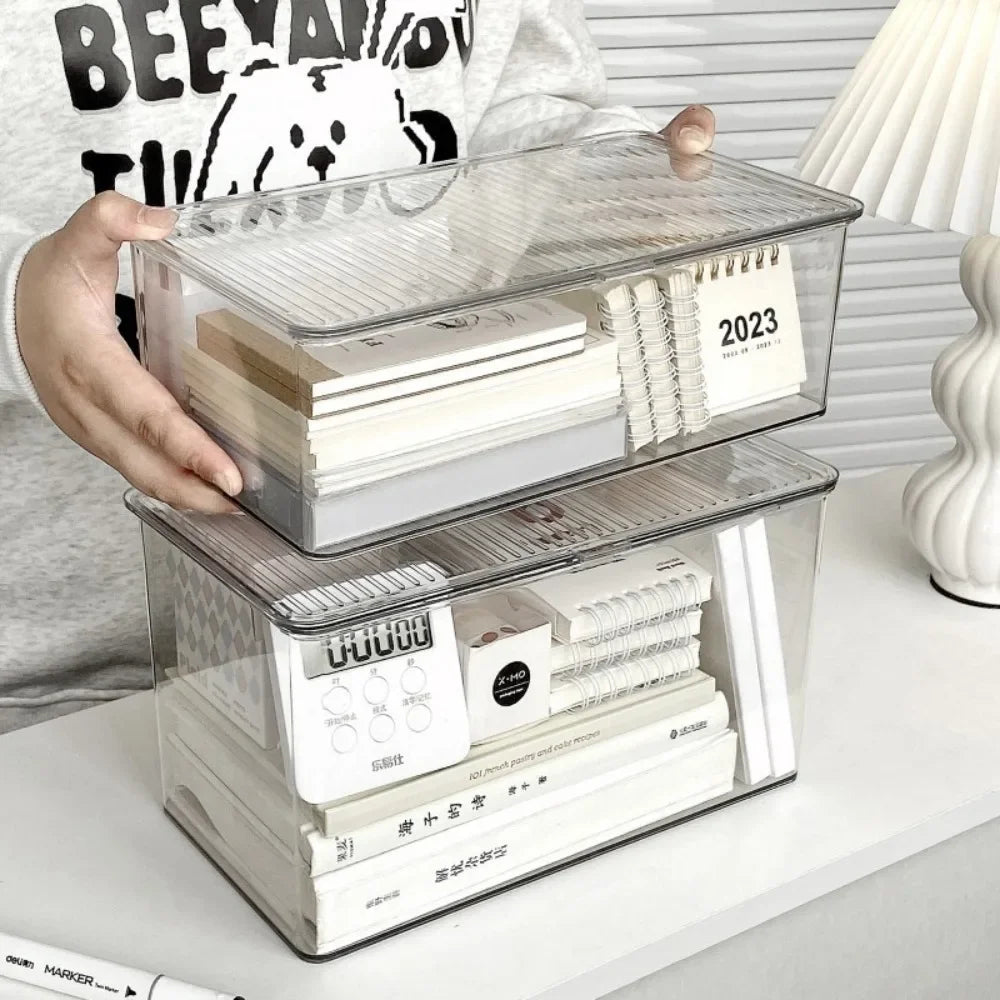 Desktop Storage Box Large Capacity with Lid Cosmetic Organizer Box Transparent Office Supplies Book Document Storage Box