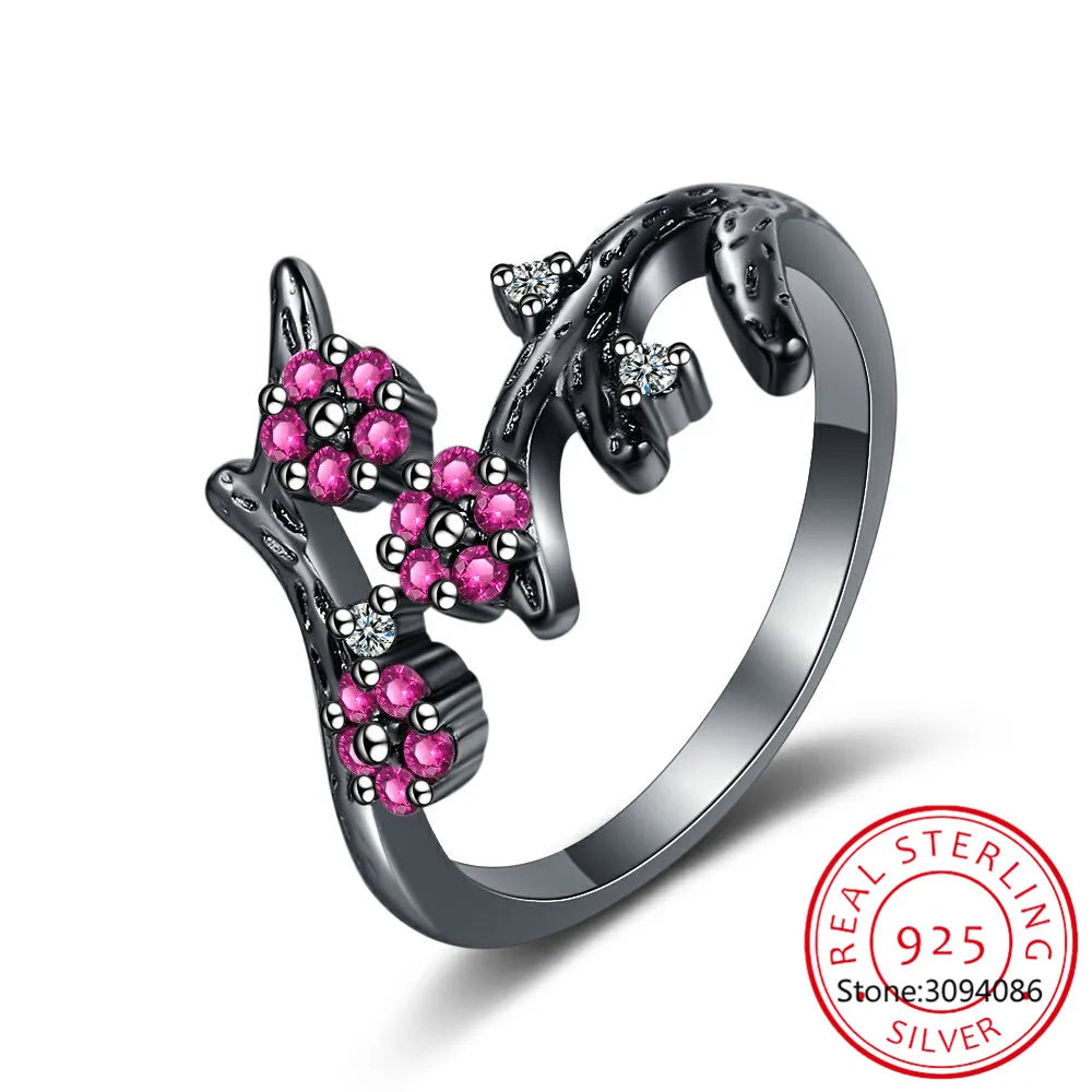 Flower Created Pink Sapphire 925 Sterling Silver Plum Blossom Ring for Women Fashion Gemstone Jewelry Engagement Wedding Gift